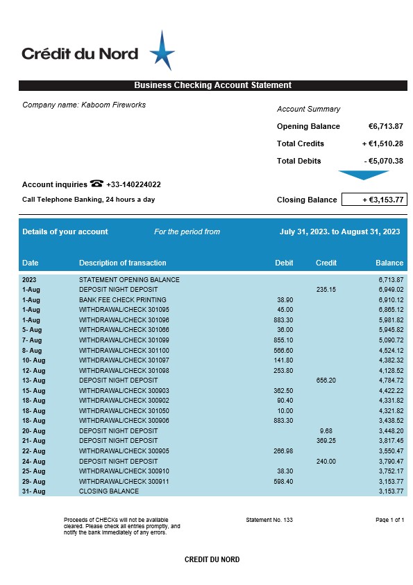 Modèle Word et PDF de relevé de compte entreprise Crédit du Nord